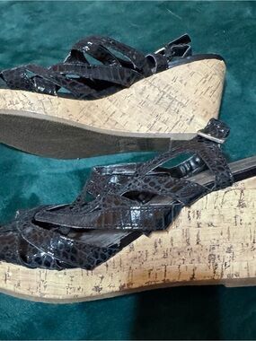 Coach and Four Black Faux-Croc Cork Wedge Sandals